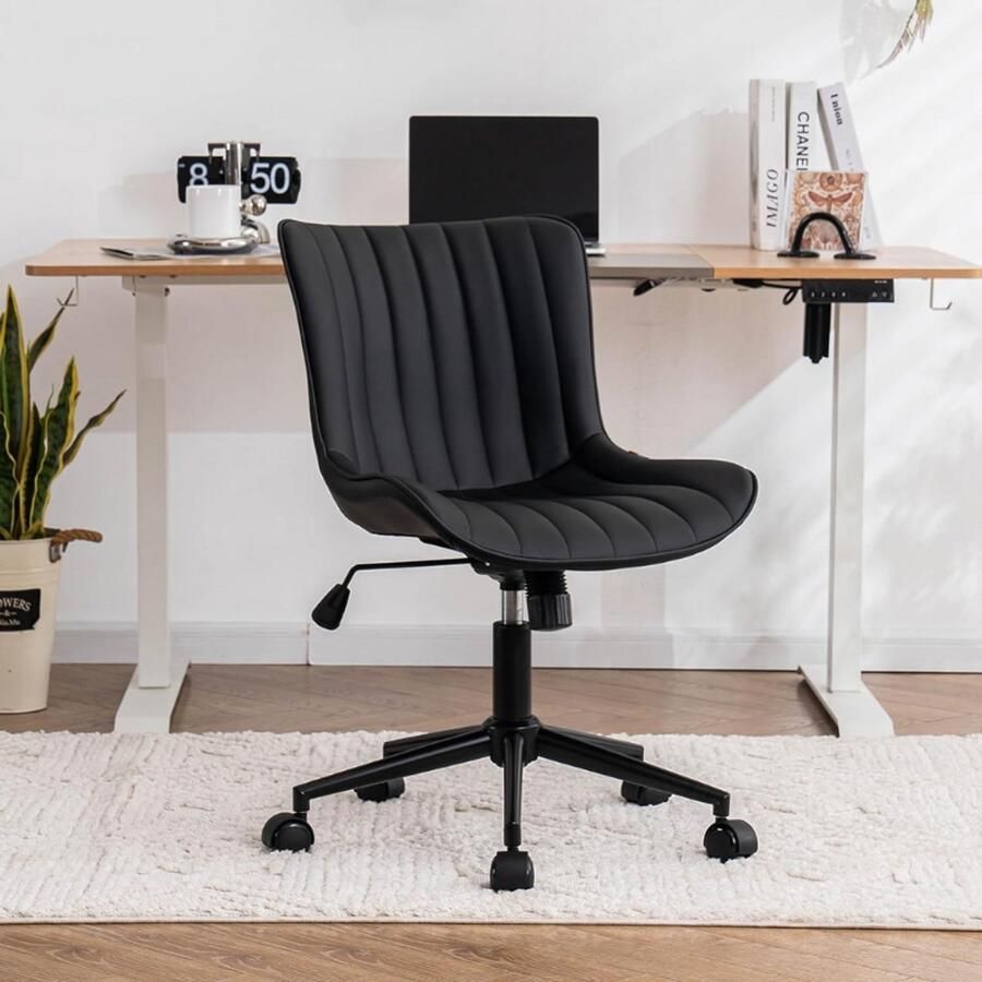 BOG Bureaustoel Ergonomische In Hoogte Verstelbare Stoel PU Leren Bekleding Met Wielen Draaistoel Met Kantelfunctie Computerstoel 136 kg Draagvermogen Zwart