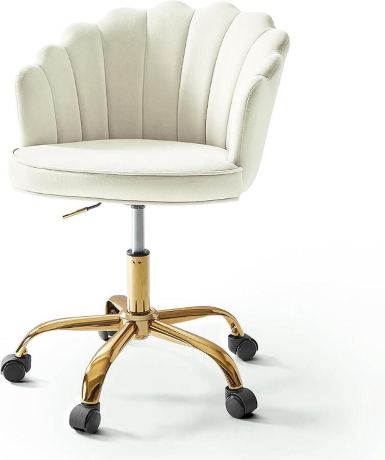 BOG Bureaustoel Goudkleurig Frame Moderne Gestoffeerde Bureaustoel Fluwelen Make-up Stoel Verstelbare Draaistoel Comfortabele Tafelstoel Wit