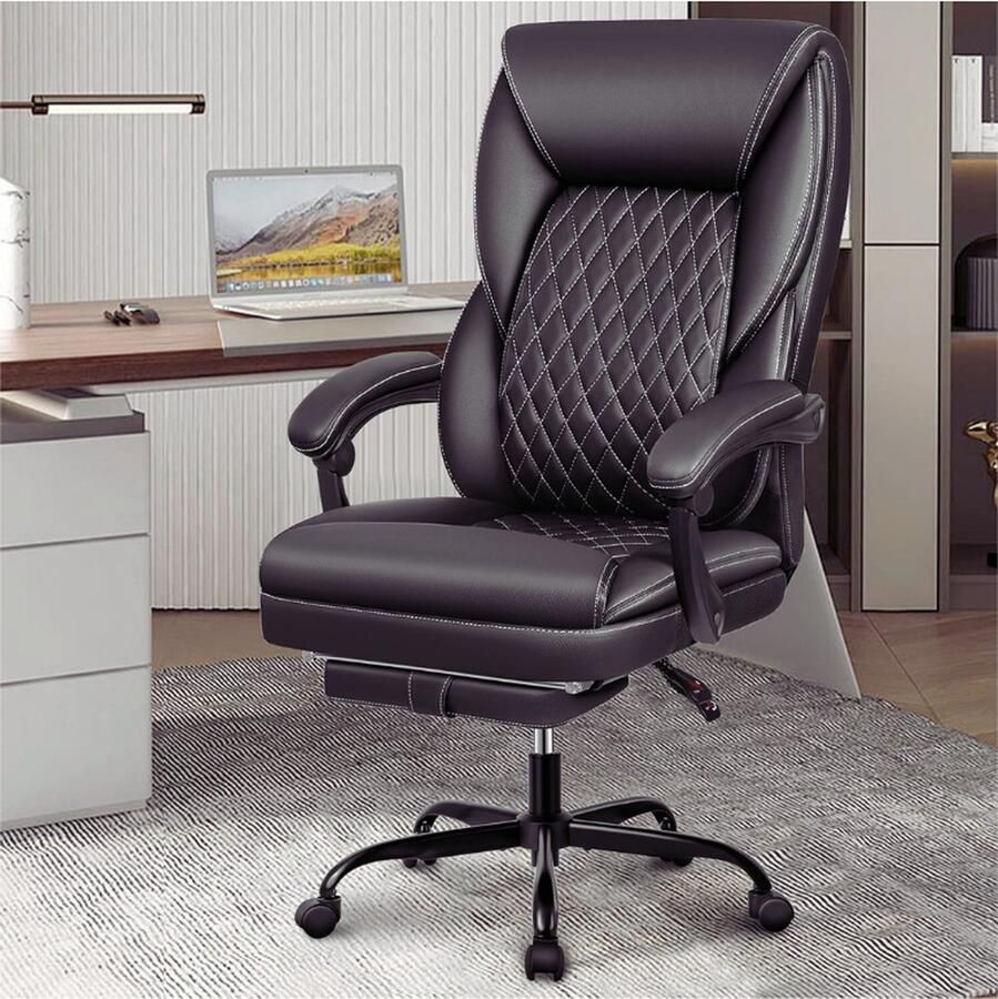 BOG Bureaustoel Grote En Hoge Managerstoel Met Voetensteun Ergonomische Bureaustoel Lederen Stoel Thuiskantoor Met Verstelbare Rugleuning En Lendensteun Zwart