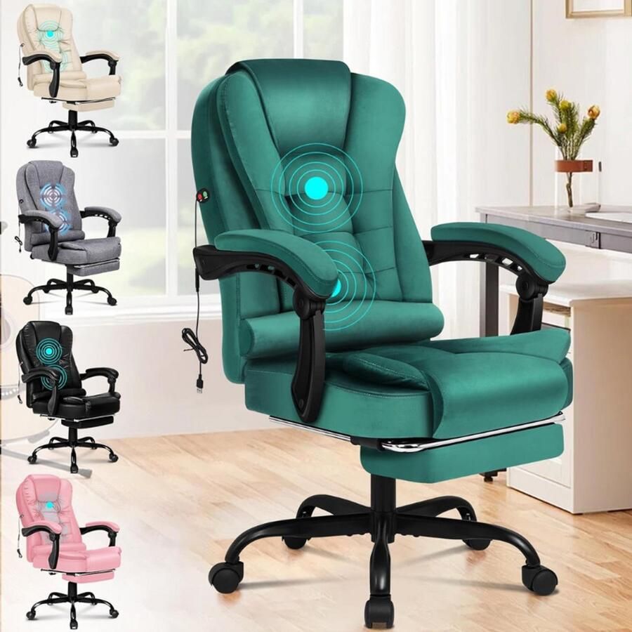 BOG Bureaustoel Met 2-Punts Massage Luxe Fluweel Met Voetensteun Hoofdsteun En Lendensteun Comfortabele Ergonomische Stoel In Groen Voor Thuis En Kantoor