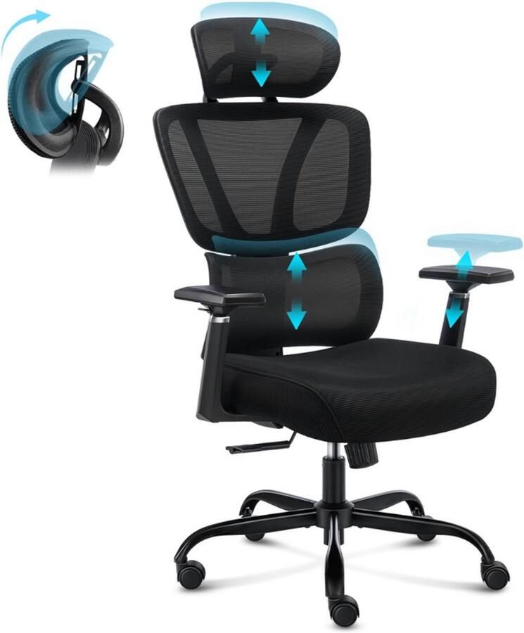 BOG Bureaustoel Met 3D Armleuningen Verstelbare Hoofdsteun Ergonomische Bureaustoel Met Dynamische Lendensteun In Hoogte Verstelbaar Belastbaar Tot 150kg Zwart