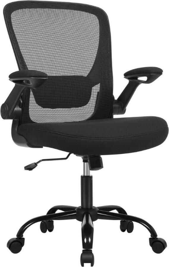 BOG Bureaustoel Met Opklapbare Armleuningen – Ergonomische Computerstoel – 360° Draaibare Bureaustoel – Verstelbare Lendensteun – Zwart