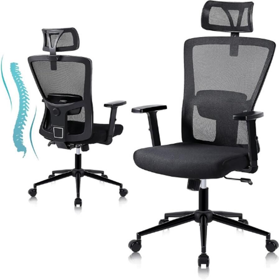 PEAM Bureaustoel Ergonomisch Design Verstelbare Hoofdsteun & Armleuningen Hoge Rugleuning & Lendensteun Kantoor & Thuis