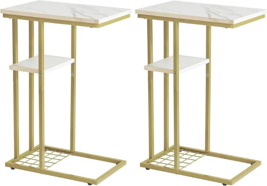 BOG C-Vormige Bijzettafel Set Van 2 Kleine Salontafel Met Opbergplank Industrieel Design Voor Bank En Bed Multifunctionele Tafeltjes Voor Woonkamer En Slaapkamer Marmer Wit En Goud