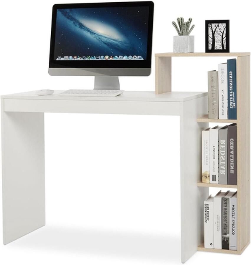 BOG Compact Computerbureau Met 3 Opbergplanken Ruimtebesparend Schrijfbureau 110 X 40 X 92 Cm Voor Thuiskantoor Werkstation Studie Wit En Eiken