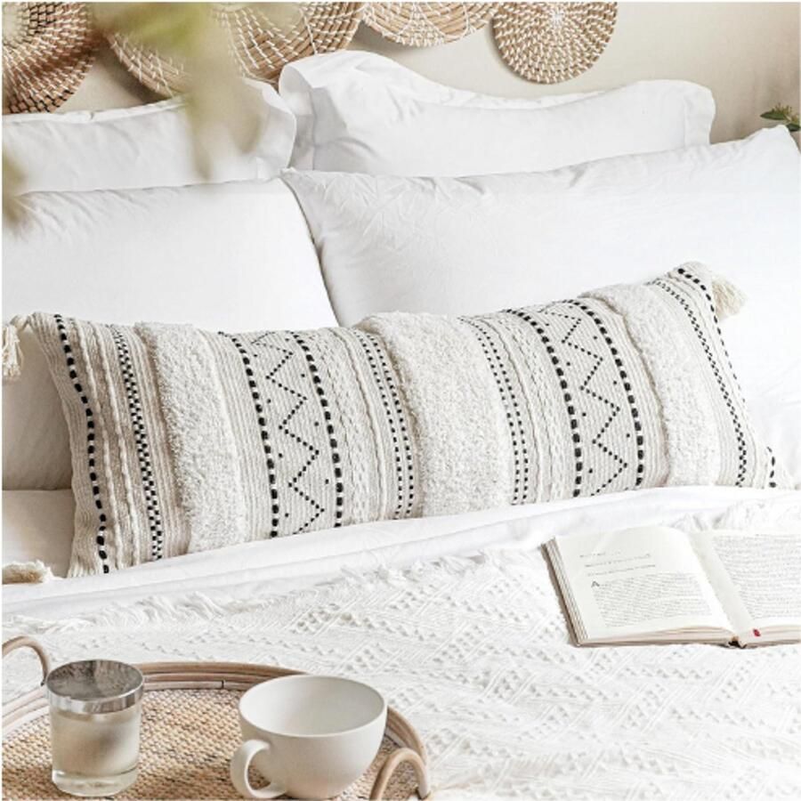 BOG Decoratieve Lendenkussenhoes 35x90 Cm Boho Sierkussenhoes Langwerpig Zwart Wit Neutraal Farmhouse Stijl Kussenhoes Voor Bank En Bed Zonder Vulling