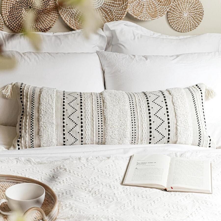 BOG Decoratieve Lumbale Sierkussenhoes 14x36 cm Boho Lang Kussen Zwart En Neutraal Wit Accent Kussensloop Voor Bed Bank En Woonkamer