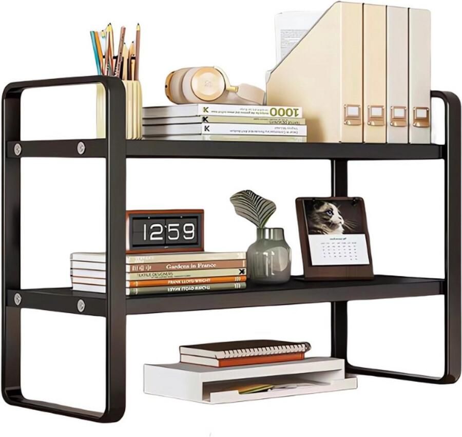 BOG Desktop Organizer Rack Office Desk Opbergplank Desktop Boekenkast Houten Boekenplank Zwart + Wit