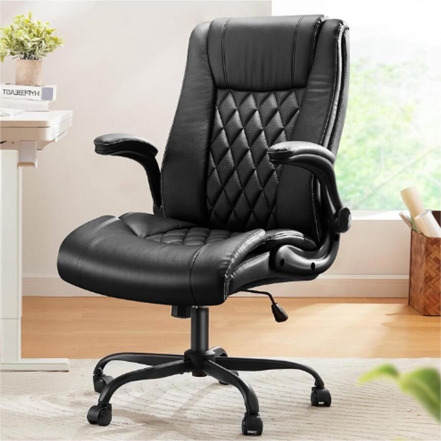PEAM Directeursstoel Luxe Bureaustoel Met Opklapbare Armleuningen PU-Leren Ergonomische Kantoorstoel Kantelfunctie & Verstelbare Hoogte Draaibaar & Rollend Zwart
