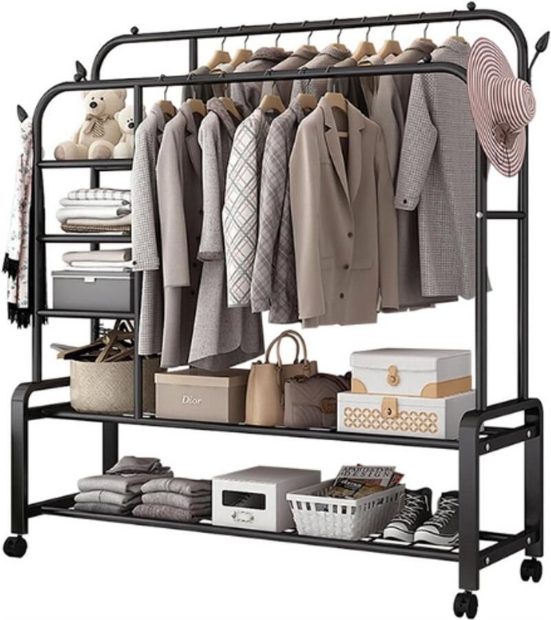 BOG Dubbel Kledingrek Met Wielen Metalen Kledinghanger Met 2 Stangen Vrijstaand Kledingrek Met 4 Haken En Opbergrek Draagbaar Voor Slaapkamer