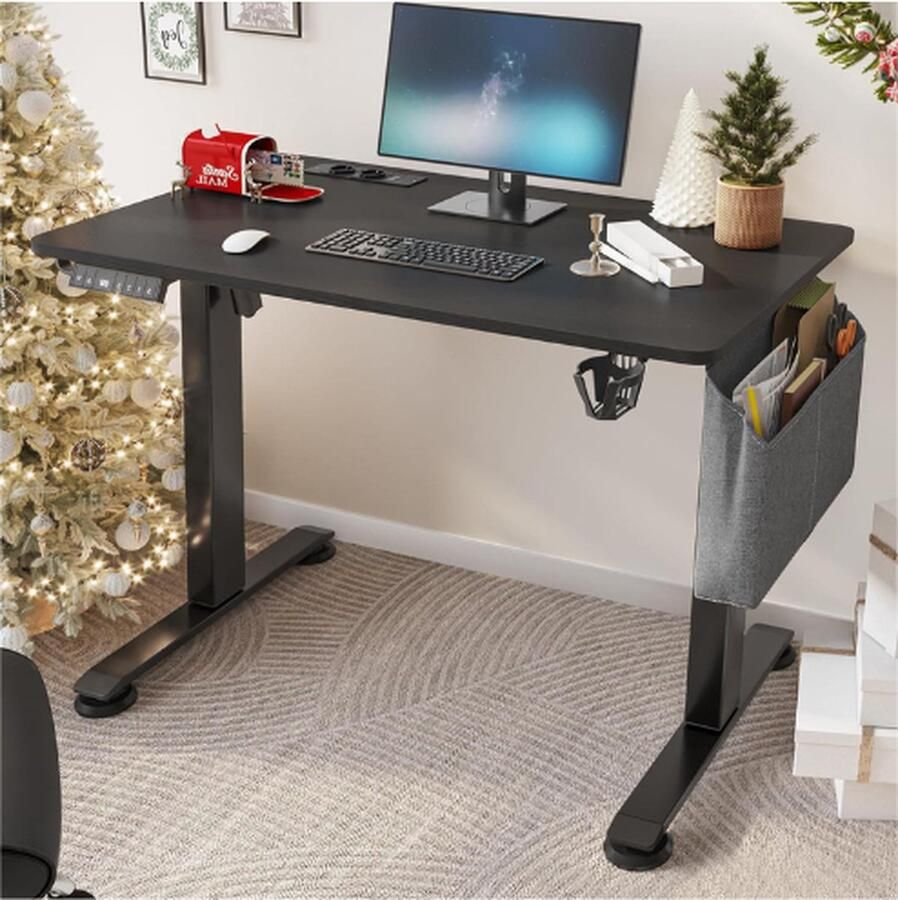 BOG Elektrisch In Hoogte Verstelbaar Bureau 100 x 60 x (72-120) cm Met Splitplank Geheugenhandbediening 2 USB-Poorten En Stopcontacten Zit-Staand 360 Graden Wielen Bureau Zwart