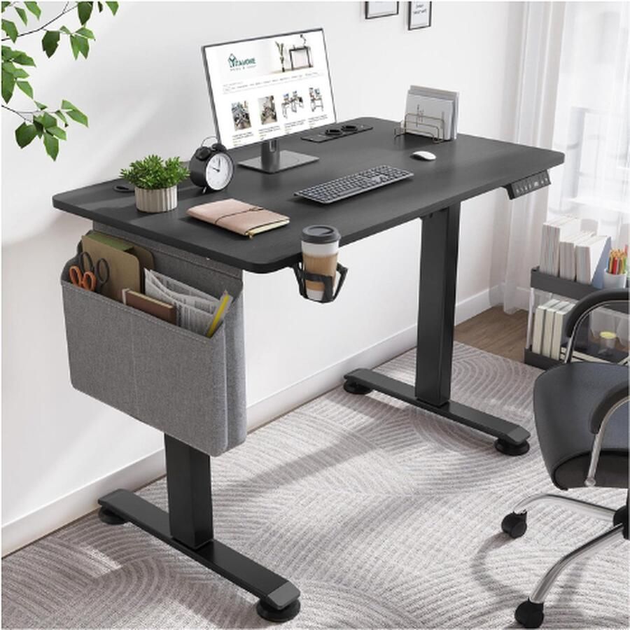 BOG Elektrisch In Hoogte Verstelbaar Bureau 100 x 60 x (72-120) cm Met Splitplank Geheugenhandbediening 2 USB-poorten en Stopcontacten Zit-Staand 360 Graden Wielen Bureau Zwart
