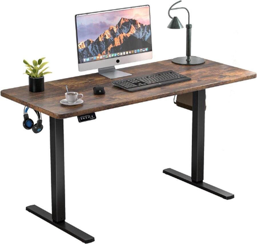 BOG Elektrisch In Hoogte Verstelbaar Bureau 110 X 60 Cm In Hoogte Verstelbare Tafel Met Splitplaat Ergonomische Tafel Voor Kantoor Zwart Frame + Roestbruin Bureaublad