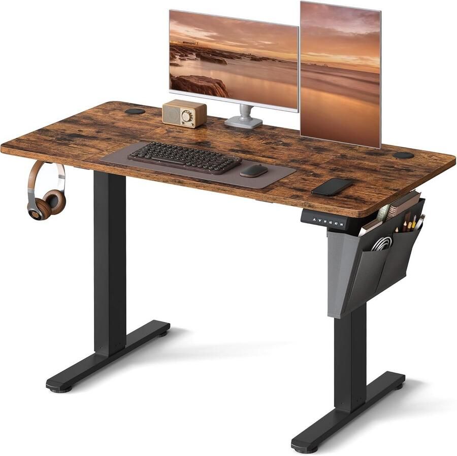 BOG Elektrisch Zit-Sta Bureau Met Geheugenfunctie – Verstelbaar 120x60 Cm – 4 Hoogte-Instellingen – Vintage Bruin Zwart – Ideaal Voor Thuiswerk & Studie