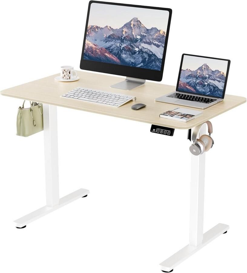 BOG Ergonomisch Elektrisch Zit-Sta Bureau – 110x60Cm Verstelbaar Met Geheugenfunctie Eiken Tafelblad & Wit Frame – Ideaal Voor Thuiswerken
