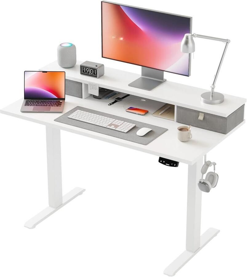 BOG Ergonomisch Elektrisch Zit-Sta Bureau Met 2 Laden – Verstelbaar 100x60 Cm – Stabiel & Stijlvol Computerbureau – Wit