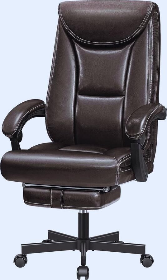 BOG Ergonomische Brede Bureaustoel Van Glanzend PU-Leer Met Voetensteun En Hoge Rugleuning – Stevige Kantoorstoel Tot 150 Kg Bruin