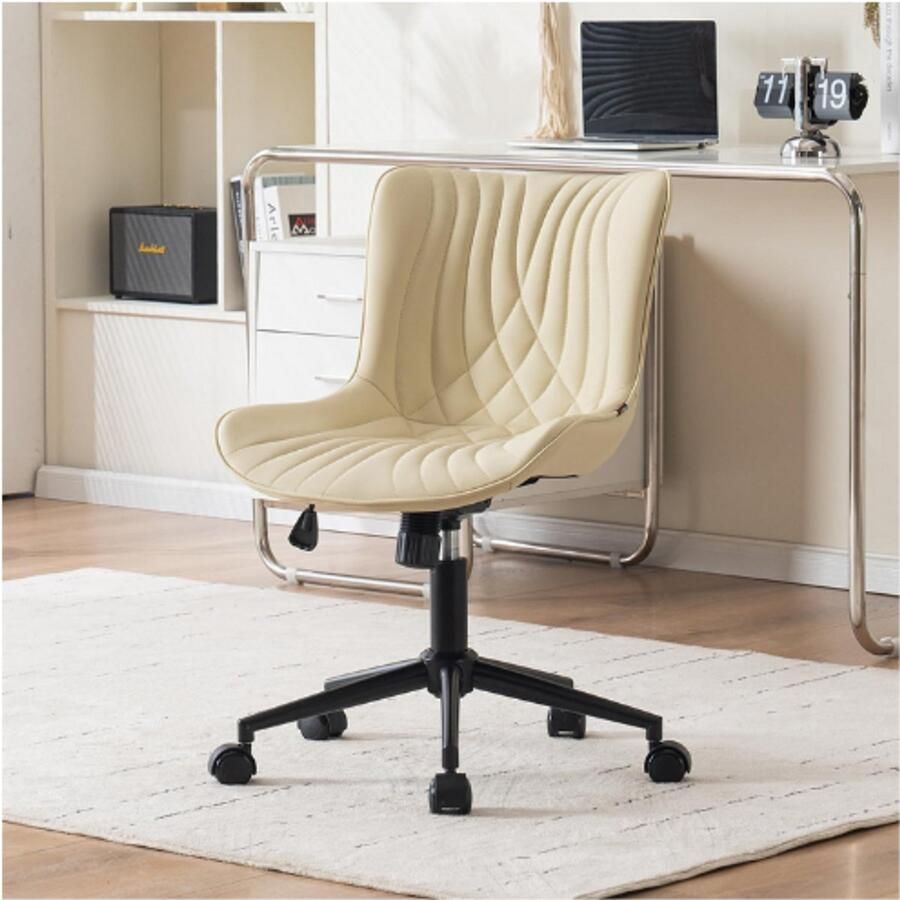 BOG Ergonomische Bureaustoel Beige Moderne Vanity Draaistoel Met Kunstleer In Hoogte Verstelbare Schommeldraaistoel Met Wielen Voor Thuis En Kantoor
