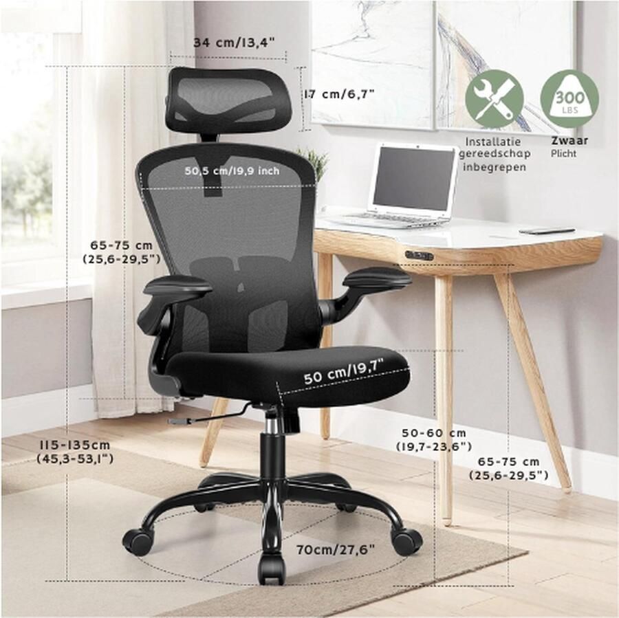 BOG Ergonomische Bureaustoel Computerstoel Verstelbare Lendensteun 3D-Hoofdsteun En Inklapbare Armleuningen Ademende Mesh-Rugleuning Tot 100 Kg Zwart