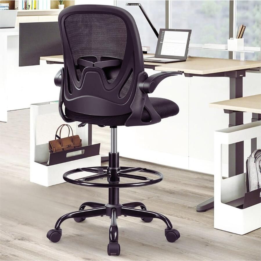 BOG Ergonomische Bureaustoel In Hoogte Verstelbare Tekenstoel Inklapbare Armleuningen Verstelbare Lendensteun Met Voetsteunring Familiekruistoel Zwart