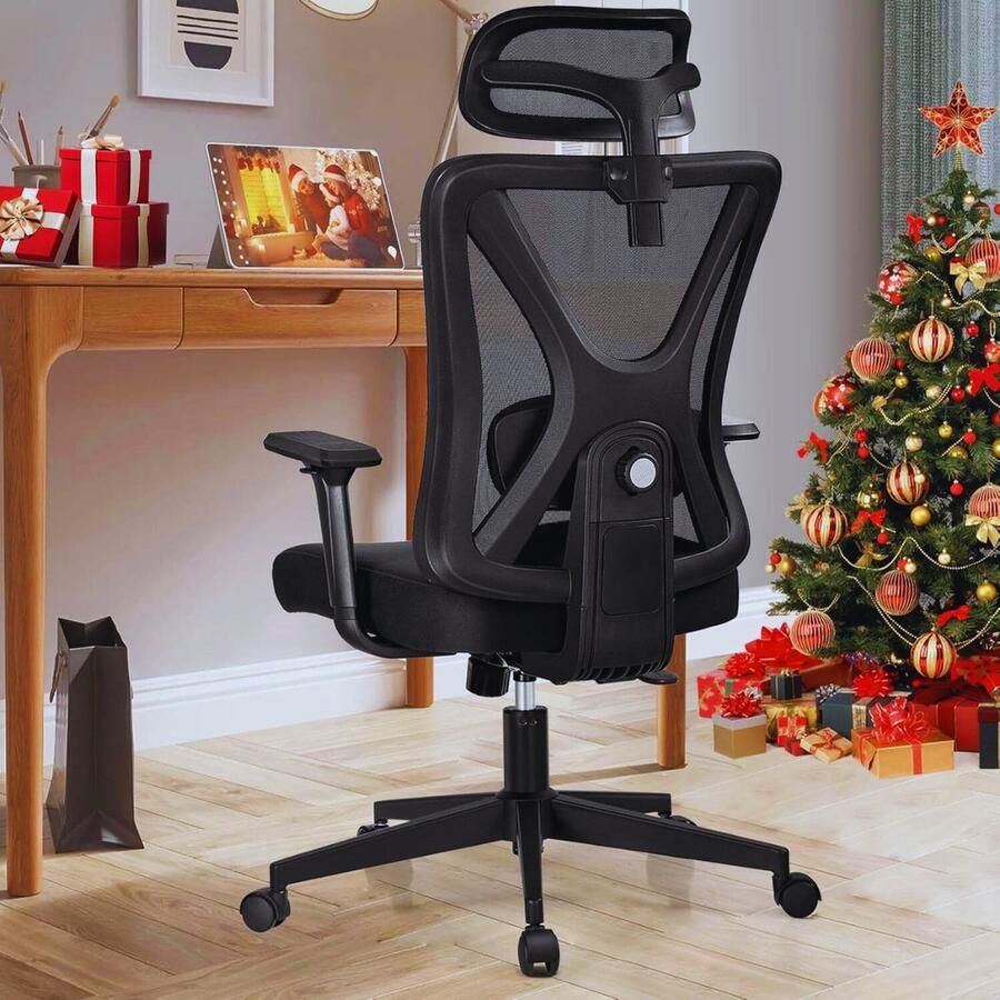 BOG Ergonomische Bureaustoel Met Lendensteun En Verstelbare Armleuningen Bureaustoel Van Netstof Hoge Rugleuning Comfortabel Voor Kantoor Thuis (Zwart)