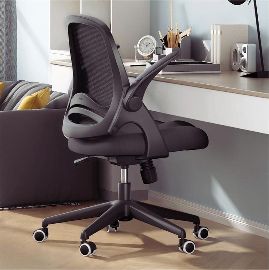 BOG Ergonomische Bureaustoel Met Opklapbare Armsteunen Compact Ontwerp 120° Vergrendeling 360° Rotatie Verstelbare Zitting Versterkte Nylonharsbasis Zwart