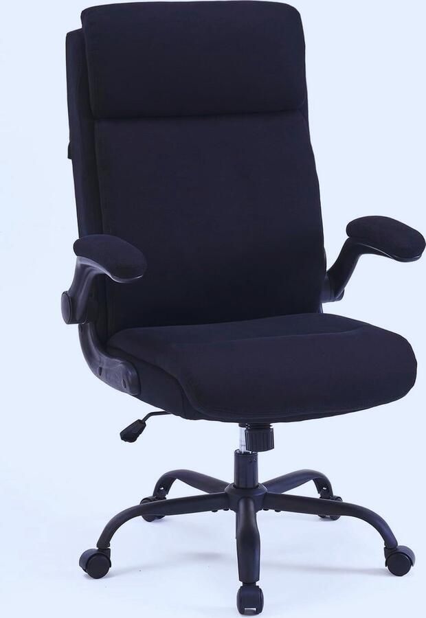 BOG Ergonomische Bureaustoel Met Rugleuning Inklapbare Armleuningen Hoge Rugleuning Hoogte Verstelbaar Kantelfunctie (Bureaustoel Stof Zwart Max. 150 KG)