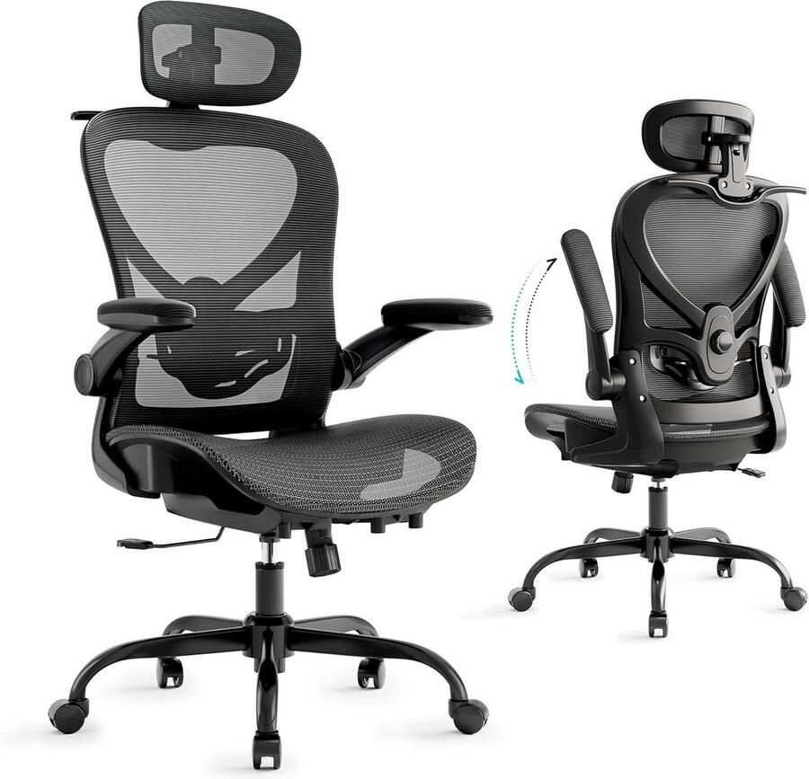 BOG Ergonomische Bureaustoel Met Verstelbare 3D Hoofdsteun & 2D Lendensteun – Comfortabel Kantelbaar Tot 125° – Opklapbare Armleuningen – Ademend Mesh – 140Kg Draagkracht – Zwart