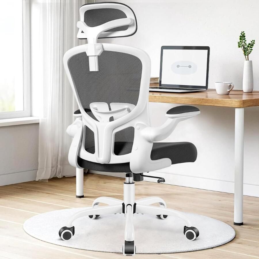 BOG Ergonomische Bureaustoel Verstelbare Lendensteun Draaistoel Met 3D-Hoofdsteun Inklapbare Armleuningen Ademend Mesh Rugkussen Computerstoel Tot 100 Kg Wit