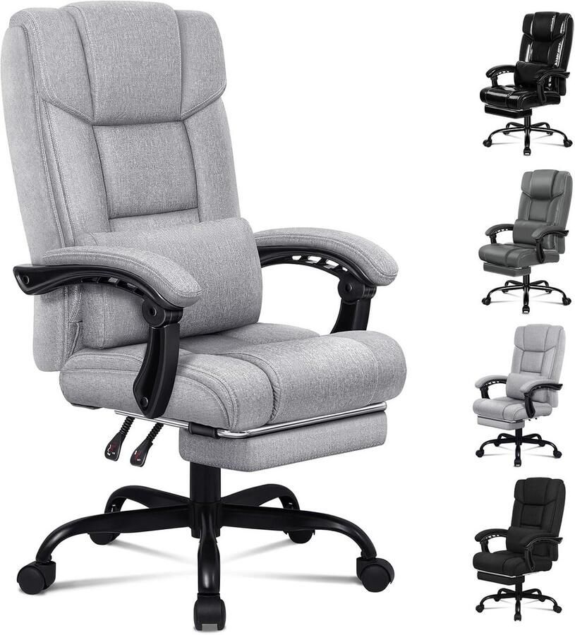 BOG Ergonomische Bureaustoel Met Verstelbare Lendensteun & Voetensteun – Comfortabele Draaistoel Met Hoge Rugleuning In Stijlvol Grijs Linnen- Perfect Voor Thuis En Kantoor