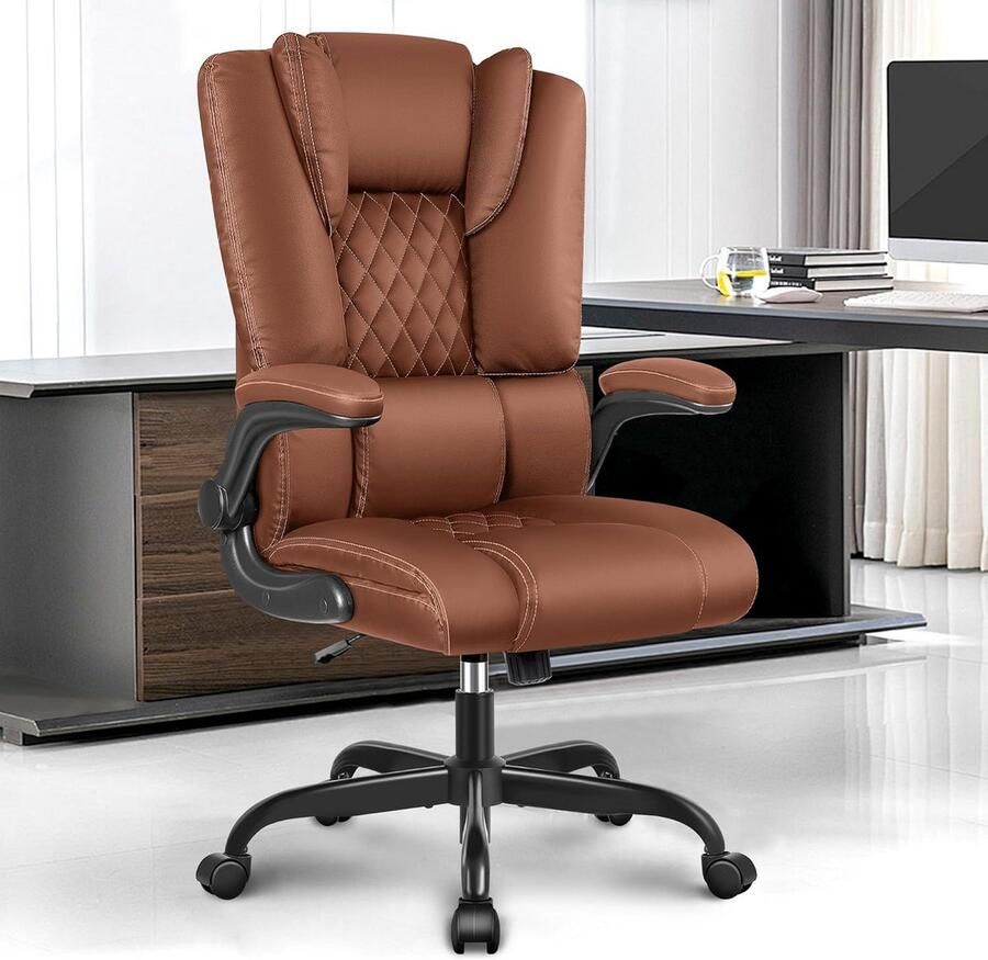 BOG Ergonomische Bureaustoel Met Verstelbare Rug En Inklapbare Armleuningen – Luxe Comfort Met Lendensteun- 360° Draaibaar – Hoge Rugleuning – Bruin