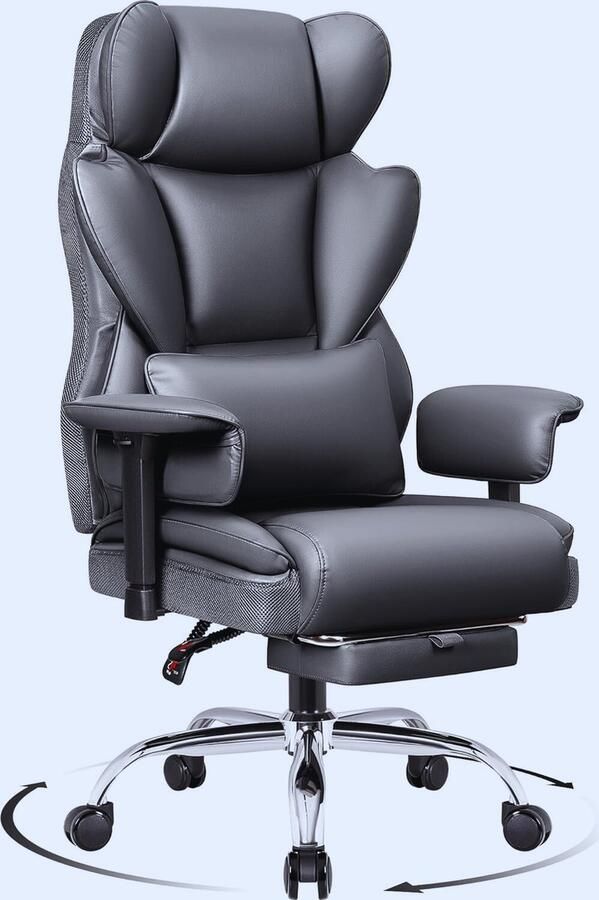 PEAM Ergonomische Bureaustoel Met Voetensteun En 165° Verstelbare Rugleuning Voor Thuiswerk Kunstleer Geschikt Voor 150-200 Kg Grijs
