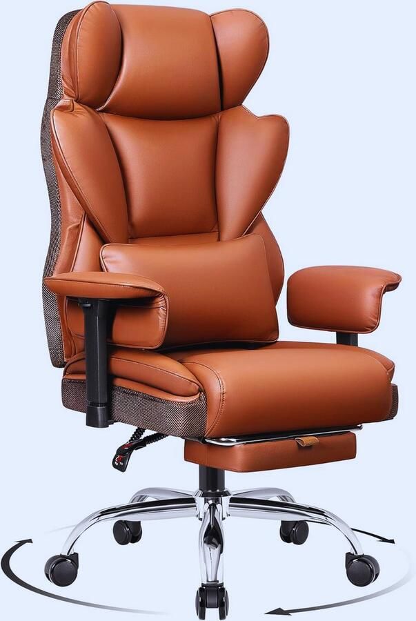 PEAM Ergonomische Bureaustoel Met Voetensteun – Luxe Verstelbare Stoel (165°) Voor Thuiskantoor – Kunstleer 150-200 Kg Bruin