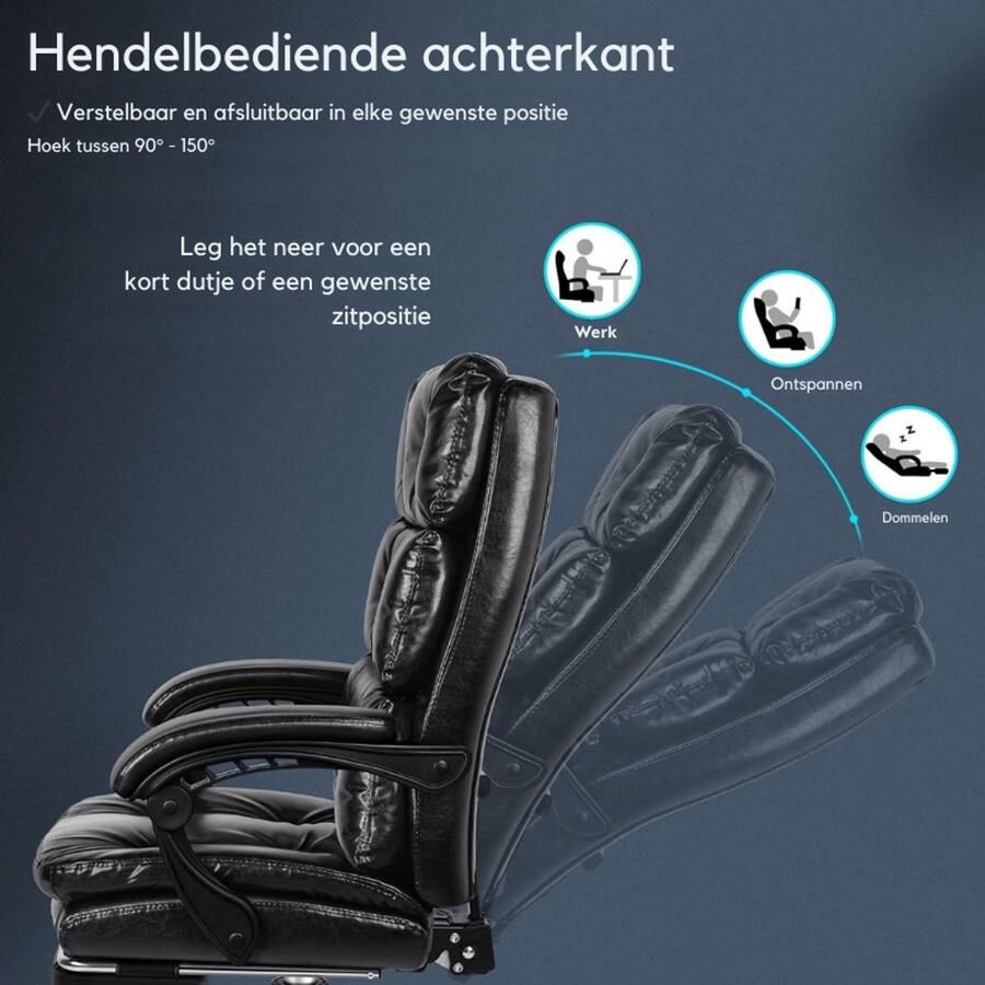 BOG Ergonomische Bureaustoel Met Voetsteun Dubbellaagse Hoge Rug Draaistoel 150° Kantelbaar En 360° Draaiing PU Leer Glanzend Zwart