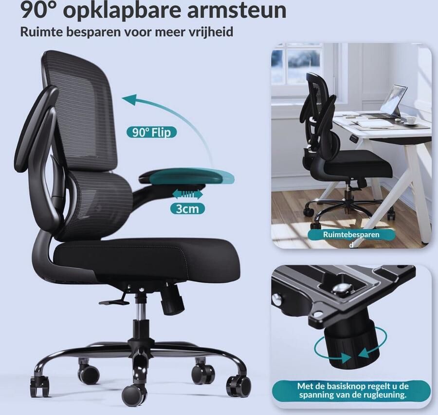 BOG Ergonomische Bureaustoel Met Wieltjes En Verstelbare Hoogte Comfortabele Draaistoel Van Zwart Gaasdoek Voor Werk En Kantoor