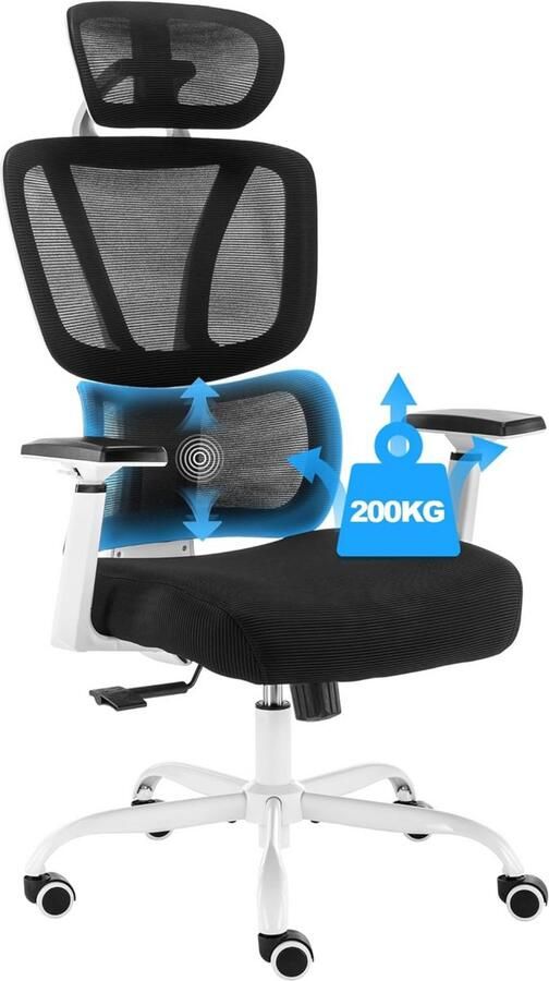 BOG Ergonomische Bureaustoel Tot 200 Kg – Verstelbare Lendensteun- 3D-Armleuningen & Hoofdsteun – Comfortabel En In Hoogte Verstelbaar – Met Kantelfunctie