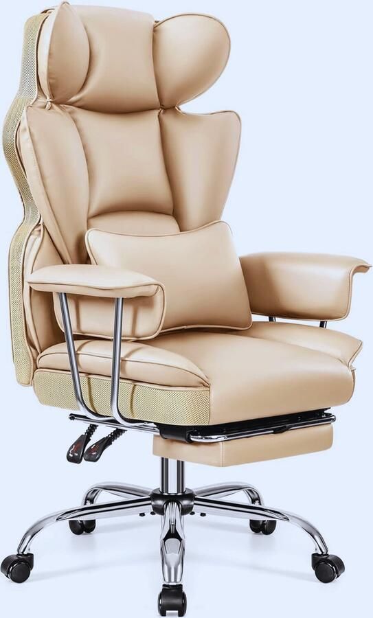 BOG Ergonomische Bureaustoel Van PU-leer – Verstelbaar Met Hoofdsteun Lendensteun & Voetsteun – 200KG Draagkracht – Beige