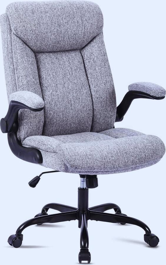 PEAM Ergonomische Bureaustoel – Verstelbare & Comfortabele Werkstoel Met Inklapbare Armleuningen Voor Kantoor Thuis & Gaming (Grijs Stof)