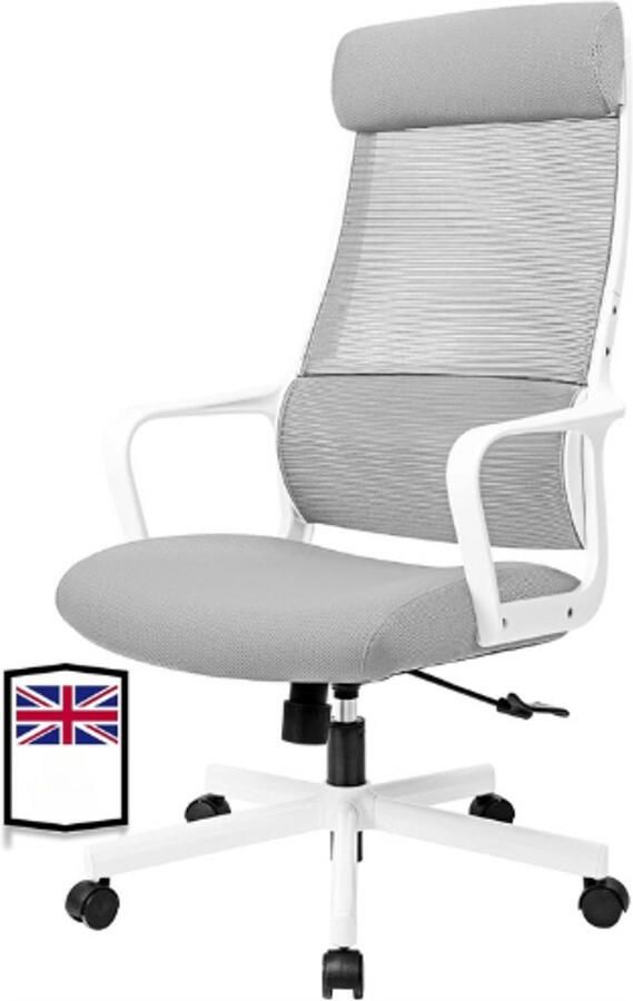 BOG Ergonomische Bureaustoel Verstelbare Hoofdsteun Belastbaar Tot 200 Kg In Hoogte Verstelbaar S Vormige Lendensteun Mesh Rugleuning Wit Grijs EN 1335 Gecertificeerde Computerstoel