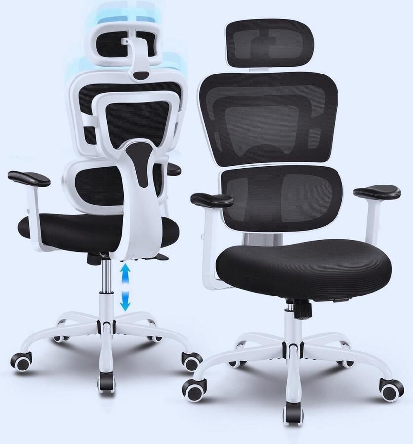 PEAM Ergonomische Bureaustoel – Verstelbare Hoofdsteun & 3D-Armleuningen Ademend Mesh Kantelbaar & In Hoogte Verstelbaar 150 Kg Draagkracht – Wit