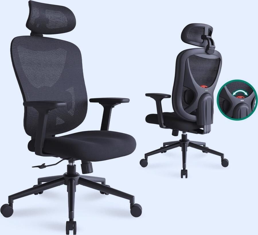 PEAM Ergonomische Bureaustoel Zwart – 3D Lendensteun Verstelbare Hoofdsteun & Armleuningen Hoge Rugleuning & Draaifunctie