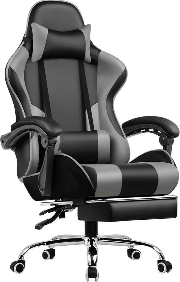 BOG Ergonomische Gaming Bureaustoel Met Voetensteun – Luxe Gamerstoel Met Hoofdsteun & Lendenkussen – Grijs & Gevoerd Comfort