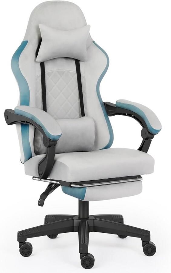 BOG Ergonomische Gamingstoel Met Voetsteun Verstelbare Gamerstoel Met 140° Rugleuning Lendensteun En Neksteun Draaibare Bureaustoel Met Flanellen Bekleding Grijs