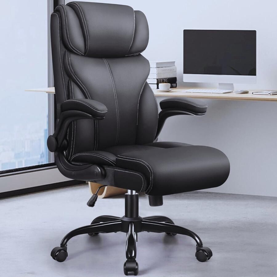 PEAM Ergonomische Grote Bureaustoel Voor Managers Verstelbare Hoge Rug Inklapbare Armleuningen Lendensteun En Draaisysteem (Mat Zwart)