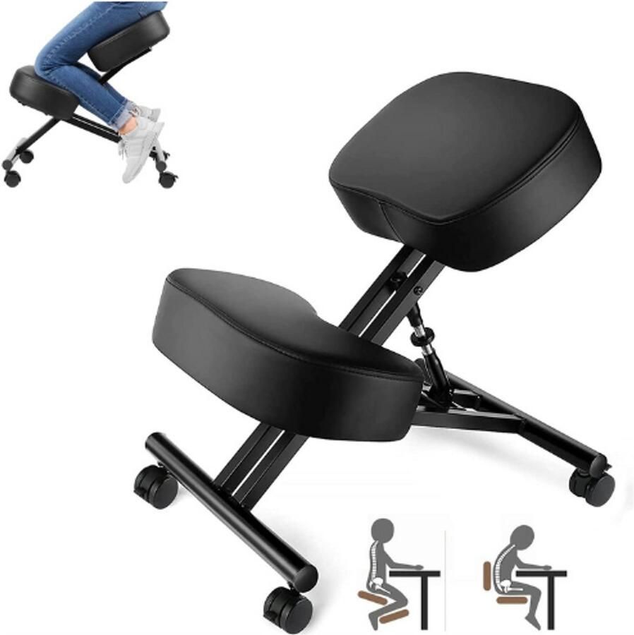 BOG Ergonomische Kniestoel Zwart In Hoogte Verstelbare PU-Lederen Bureaustoel Draaibare Gevoerde Kniekruk Met Kantelfunctie Voor Betere Houding