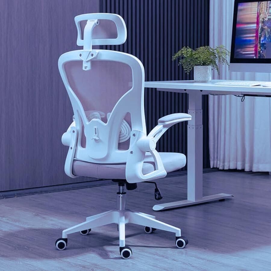 BOG Ergonomische Mesh Bureaustoel CY-8013-GW Comfortabele Lendensteun Inklapbare Armen & Stille Wielen