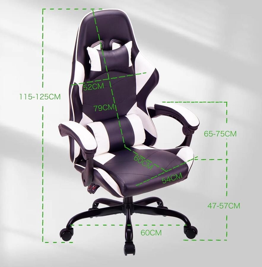 BOG Ergonomische Race-Stijl Bureaustoel – Verstelbare Gamingstoel Met Hoge Rugleuning- Lendensteun & Hoofdsteun – Wit – Max. 150 Kg – Ideaal Voor Thuiswerken & Studeren