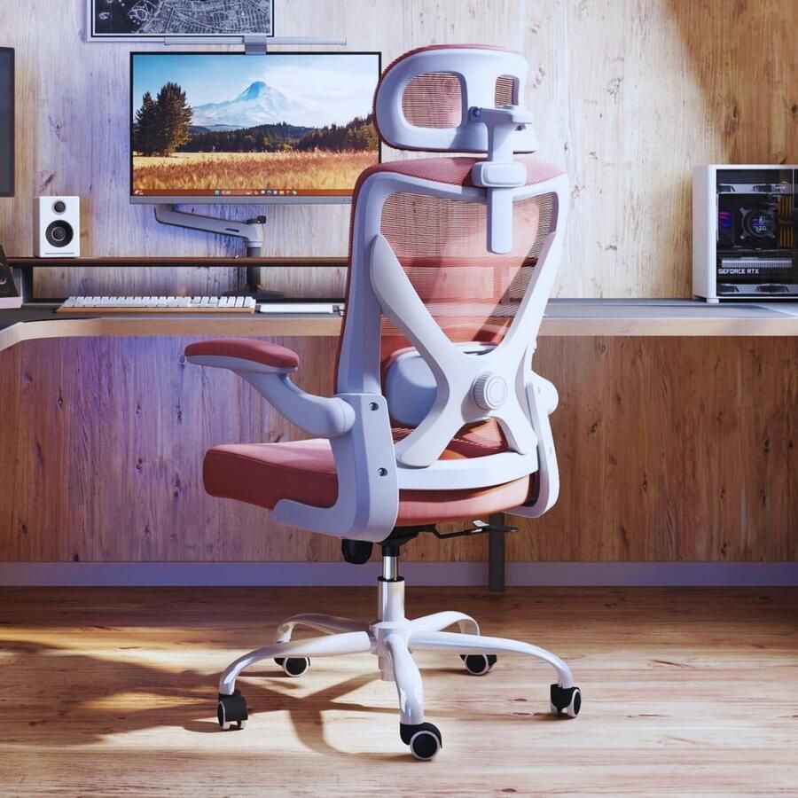 PEAM Ergonomische X-Vorm Bureaustoel – Comfortabele Mesh Gaming- & Kantoorstoel Met Lendensteun En Hoofdsteun (Roze)