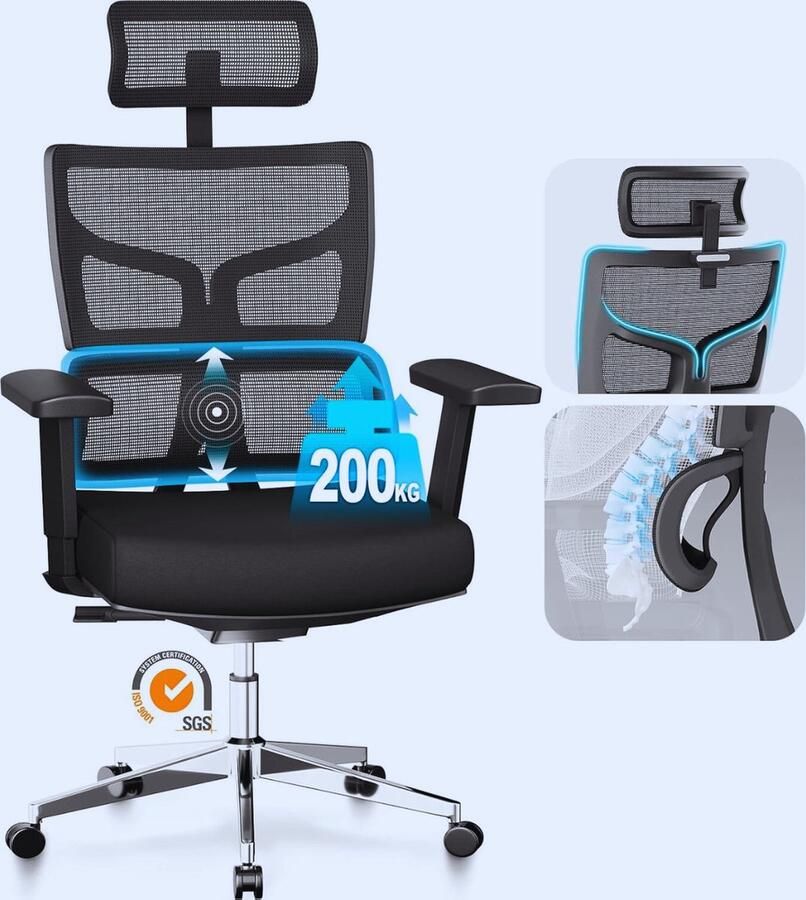 PEAM Ergonomische XXL Bureaustoel – Stevig & Comfortabel Tot 200 Kg Verstelbare 3D Armleuningen & Brede Zitting