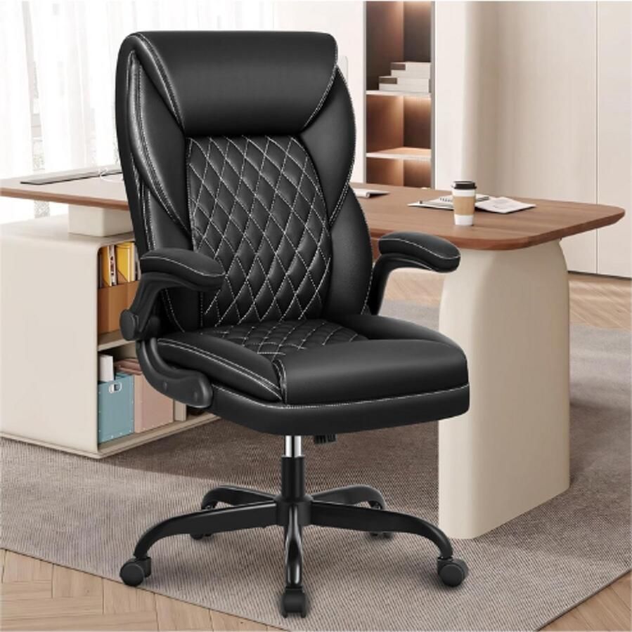 BOG Executive Directiestoel Zwart Leer Grote Ergonomische Bureaustoel Met Hoge Rugleuning Draaistoel Met Opklapbare Armleuningen En Lendensteun Luxe Kantoorstoel Voor Thuis Of Kantoor